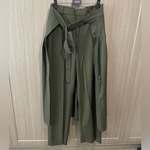 ZARA Olive Green Wide-Leg Pants with Removable Pleated Tie Overlay – Size S